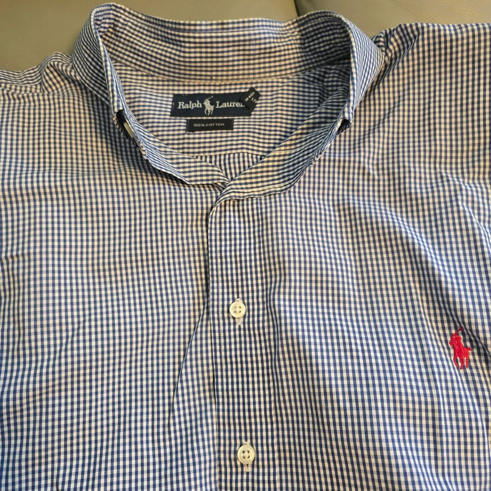 Ralph Lauren Mens 2X Big Gingham Check Short Sleeve Button Down Shirt Blue White